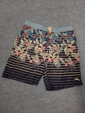 Tommy Bahama Navy Floral Stripe Swim Shorts with Light Blue Waistband